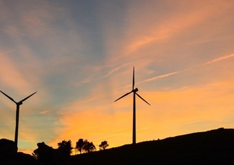 A sunrise behind a wind park